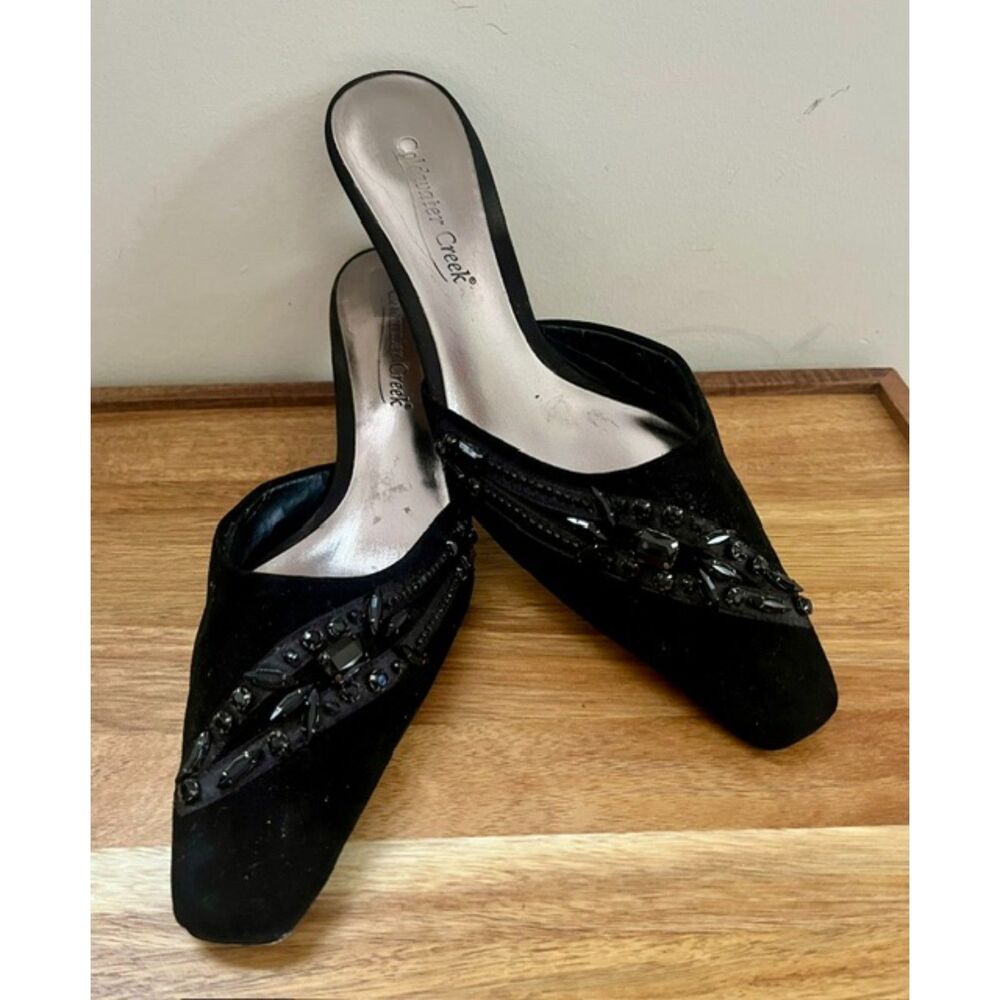 Coldwater Creek Black Suede Beaded Square Toe Kitten Heel Mules Sz 9M